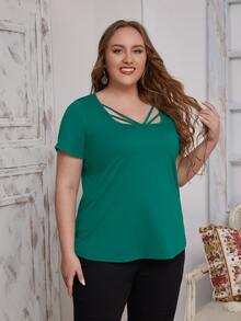 SHEIN Áo thun Plus size Cắt ra màu trơn Giải trí - màu xanh lá - Xem 4