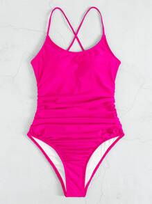 螢光紅褶邊露背連體泳衣 - 玫紅色 - 查看 4