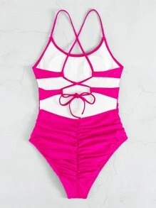 螢光紅褶邊露背連體泳衣 - 玫紅色 - 查看 5