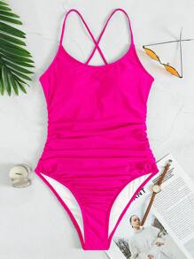 螢光紅褶邊露背連體泳衣 - 玫紅色 - 查看 7