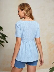 SHEIN Maternity V Neck Button Front Peplum Top - Baby Blue - View 2
