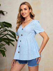 SHEIN Maternity V Neck Button Front Peplum Top - Baby Blue - View 3