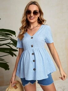 SHEIN Maternity V Neck Button Front Peplum Top - Baby Blue - View 5