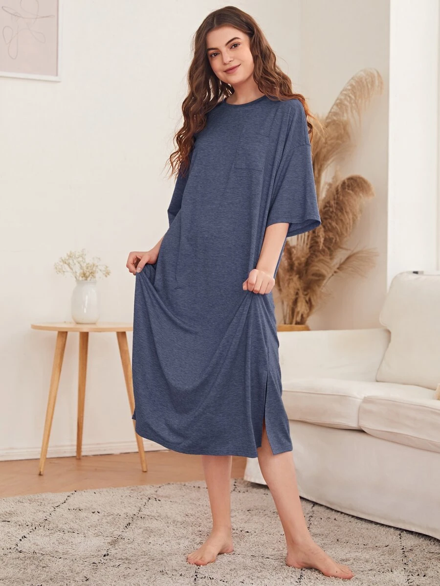 SHEIN Unity Drop Shoulder Slit Hem Night Dress, Moo Moo, Fall, Winter - Dusty Blue - View 1