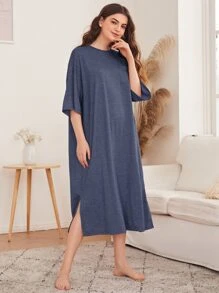SHEIN Unity Drop Shoulder Slit Hem Night Dress, Moo Moo, Fall, Winter - Dusty Blue - View 3