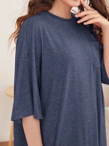 SHEIN Unity Drop Shoulder Slit Hem Night Dress, Moo Moo, Fall, Winter - Dusty Blue - View 5