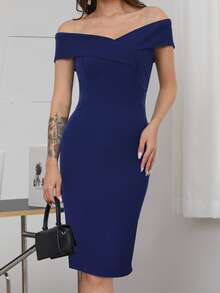 HOMEYEE Foldover Off Shoulder Fitted Dress - Navy Blue - View 4