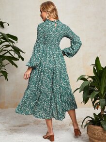 SHEIN Maternity Ditsy Floral Print Lantern Sleeve Shirred Dress - Multicolor - View 2