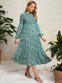 SHEIN Maternity Ditsy Floral Print Lantern Sleeve Shirred Dress - Multicolor - View 3