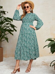 SHEIN Maternity Ditsy Floral Print Lantern Sleeve Shirred Dress - Multicolor - View 4