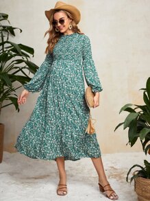SHEIN Maternity Ditsy Floral Print Lantern Sleeve Shirred Dress - Multicolor - View 5