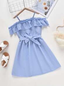 Niñas Vestido con cinturón ribete con fruncido - Azul - Ver 1