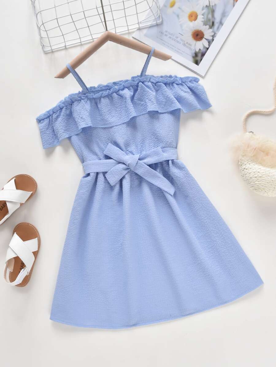 Niñas Vestido con cinturón ribete con fruncido - Azul - Ver 1