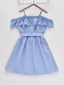 Niñas Vestido con cinturón ribete con fruncido - Azul - Ver 2
