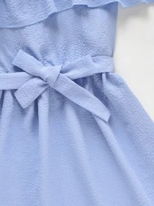 Niñas Vestido con cinturón ribete con fruncido - Azul - Ver 4