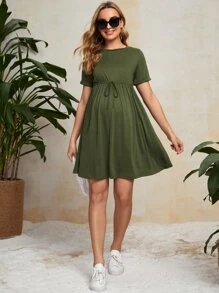 SHEIN Maternity Cuffed Sleeve Solid Dress - Army Green - View 1