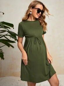 SHEIN Maternity Cuffed Sleeve Solid Dress - Army Green - View 3