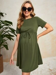 SHEIN Maternity Cuffed Sleeve Solid Dress - Army Green - View 5