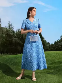 Modelyn Đầm Nút giả Tất cả trên in Thanh lịch - Màu xanh lam - Xem 1