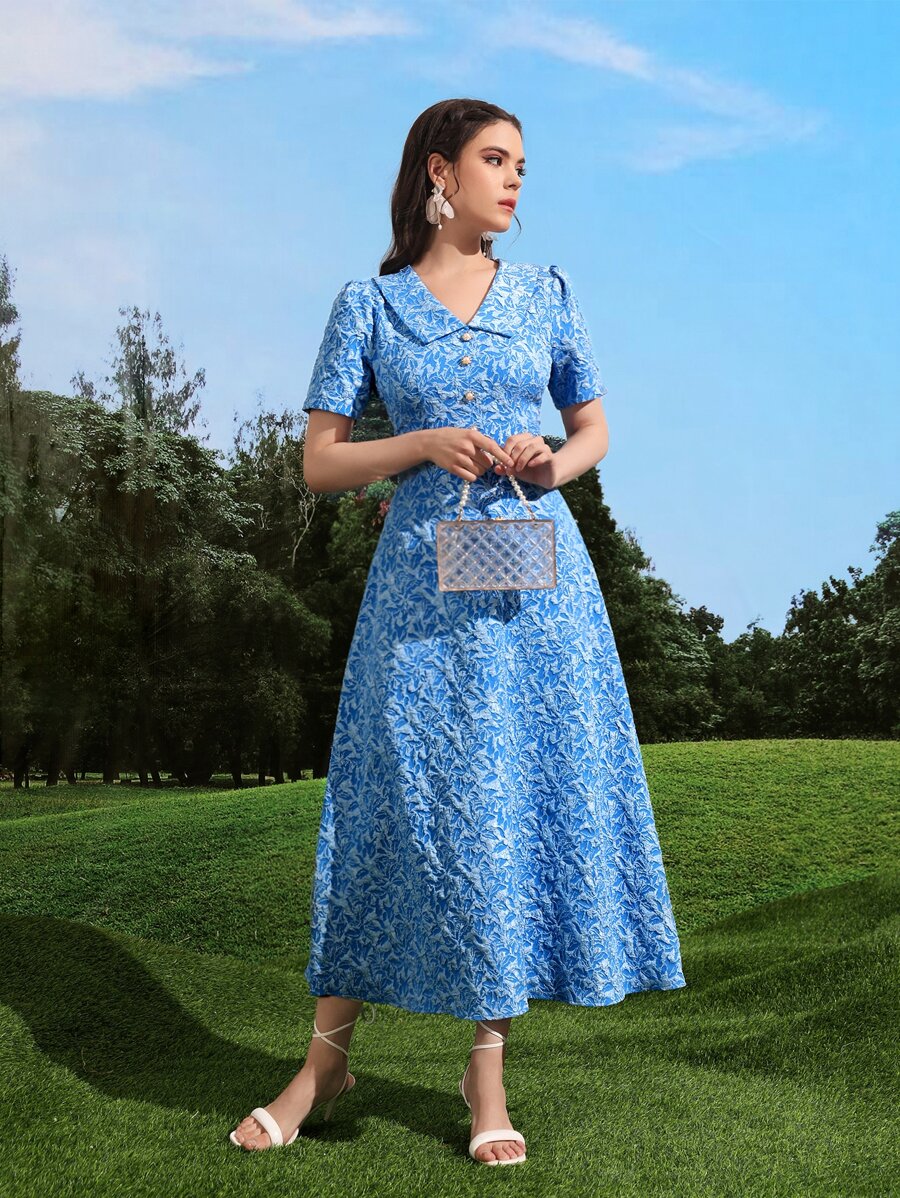 Modelyn Đầm Nút giả Tất cả trên in Thanh lịch - Màu xanh lam - Xem 1