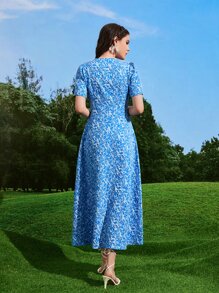 Modelyn Đầm Nút giả Tất cả trên in Thanh lịch - Màu xanh lam - Xem 2