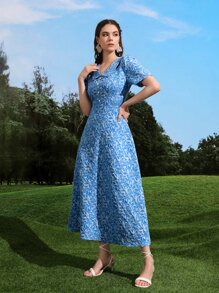 Modelyn Đầm Nút giả Tất cả trên in Thanh lịch - Màu xanh lam - Xem 3