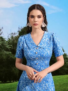 Modelyn Đầm Nút giả Tất cả trên in Thanh lịch - Màu xanh lam - Xem 4