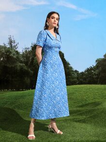 Modelyn Đầm Nút giả Tất cả trên in Thanh lịch - Màu xanh lam - Xem 5