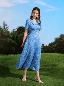 Modelyn Đầm Nút giả Tất cả trên in Thanh lịch - Màu xanh lam - Xem 6