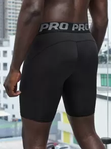 Manfinity Sport Corelite Boyfriend Style Men Letter Tape Waist Sports Tights Legging Shorts, Black Compression Shorts, Compression Shorts Men - Black - View 2