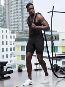 Manfinity Sport Corelite Boyfriend Style Men Letter Tape Waist Sports Tights Legging Shorts, Black Compression Shorts, Compression Shorts Men - Black - View 5