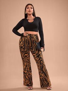 SHEIN SXY Plus Marbled Print Flare Leg Pants - Multicolor - View 3