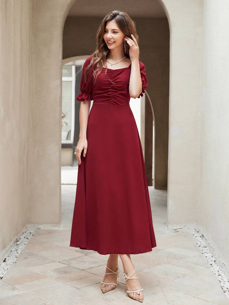 red a line dress with sleeves Modelyn Burgundy Ruched Puff Sleeve A-Line Maxi Women Outfit Long Evening Dresses Radiating in an opulent Print:GINGHAM A-line vs. Fit-and-Flare… which COLOR:Grape