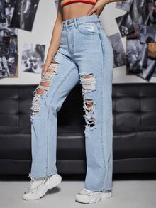 Quần jean nữ Nút Túi Hem thô Bị tách Dây kéo màu trơn - Rửa nhẹ - Xem 5