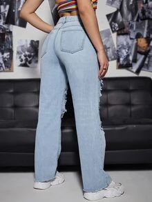 Quần jean nữ Nút Túi Hem thô Bị tách Dây kéo màu trơn - Rửa nhẹ - Xem 2