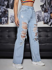 Quần jean nữ Nút Túi Hem thô Bị tách Dây kéo màu trơn - Rửa nhẹ - Xem 1