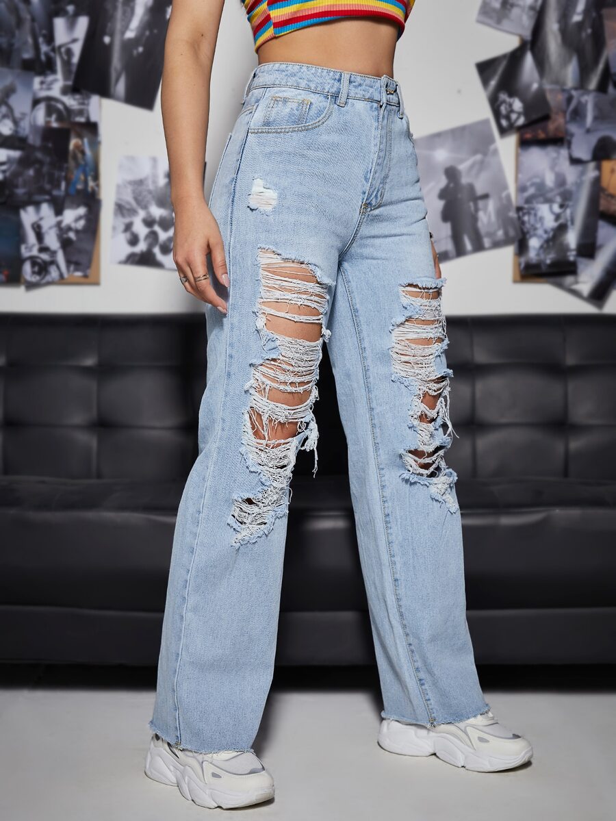 Quần jean nữ Nút Túi Hem thô Bị tách Dây kéo màu trơn - Rửa nhẹ - Xem 1