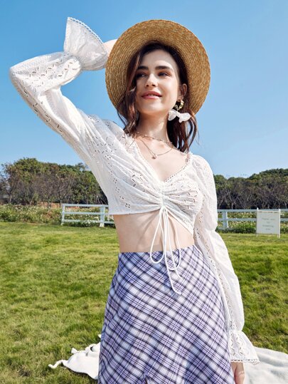 لباس علوي قصير رباط ثنية اكمام منتفضة