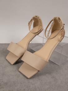 鏈條細節方形露趾踝帶涼鞋 - 卡其色 - 查看 2