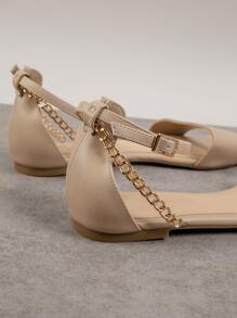 鏈條細節方形露趾踝帶涼鞋 - 卡其色 - 查看 4