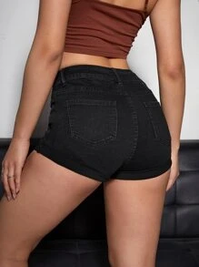 SHEIN EZwear Washed Roll Up Hem Denim Shorts - Black - View 2
