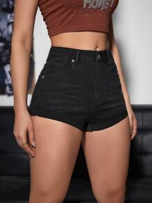 SHEIN EZwear Washed Roll Up Hem Denim Shorts - Black - View 4