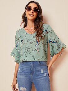 SHEIN LUNE Áo sơ mi nữ Xù Thực vật Boho - Màu xanh Cadet - Xem 1