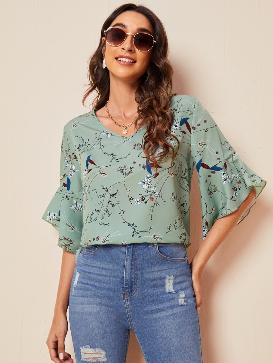 SHEIN LUNE Áo sơ mi nữ Xù Thực vật Boho - Màu xanh Cadet - Xem 1