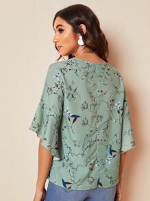 SHEIN LUNE Áo sơ mi nữ Xù Thực vật Boho - Màu xanh Cadet - Xem 2
