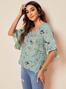 SHEIN LUNE Áo sơ mi nữ Xù Thực vật Boho - Màu xanh Cadet - Xem 3