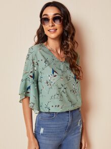 SHEIN LUNE Áo sơ mi nữ Xù Thực vật Boho - Màu xanh Cadet - Xem 4