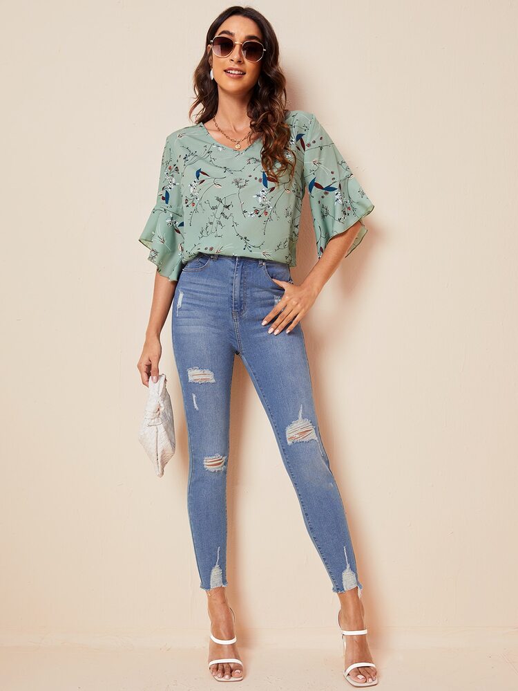 SHEIN LUNE Áo sơ mi nữ Xù Thực vật Boho - Màu xanh Cadet - Xem 5