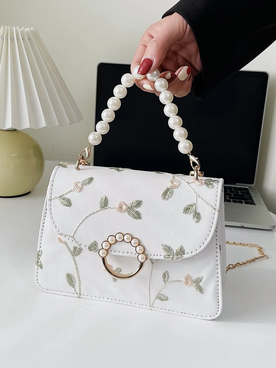 Mini Lace Embroidery Handbag for Women Elegant Chain Crossbody Bag Hanfu Clutch Purse with Faux Pearl Handle Argyle Princess Faux Pearl & Rhinestone Pearl Chain & Decor Mini Faux Pearl Decor Floral Embroidery Satchel Bag For Party, Wedding, Prom and Dinner, Lipsticks, Women's Pearl Bag - White - View 1