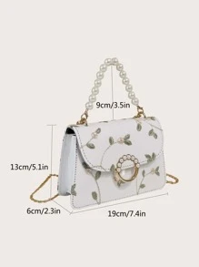 Mini Lace Embroidery Handbag for Women Elegant Chain Crossbody Bag Hanfu Clutch Purse with Faux Pearl Handle Argyle Princess Faux Pearl & Rhinestone Pearl Chain & Decor Mini Faux Pearl Decor Floral Embroidery Satchel Bag For Party, Wedding, Prom and Dinner, Lipsticks, Women's Pearl Bag - White - View 3